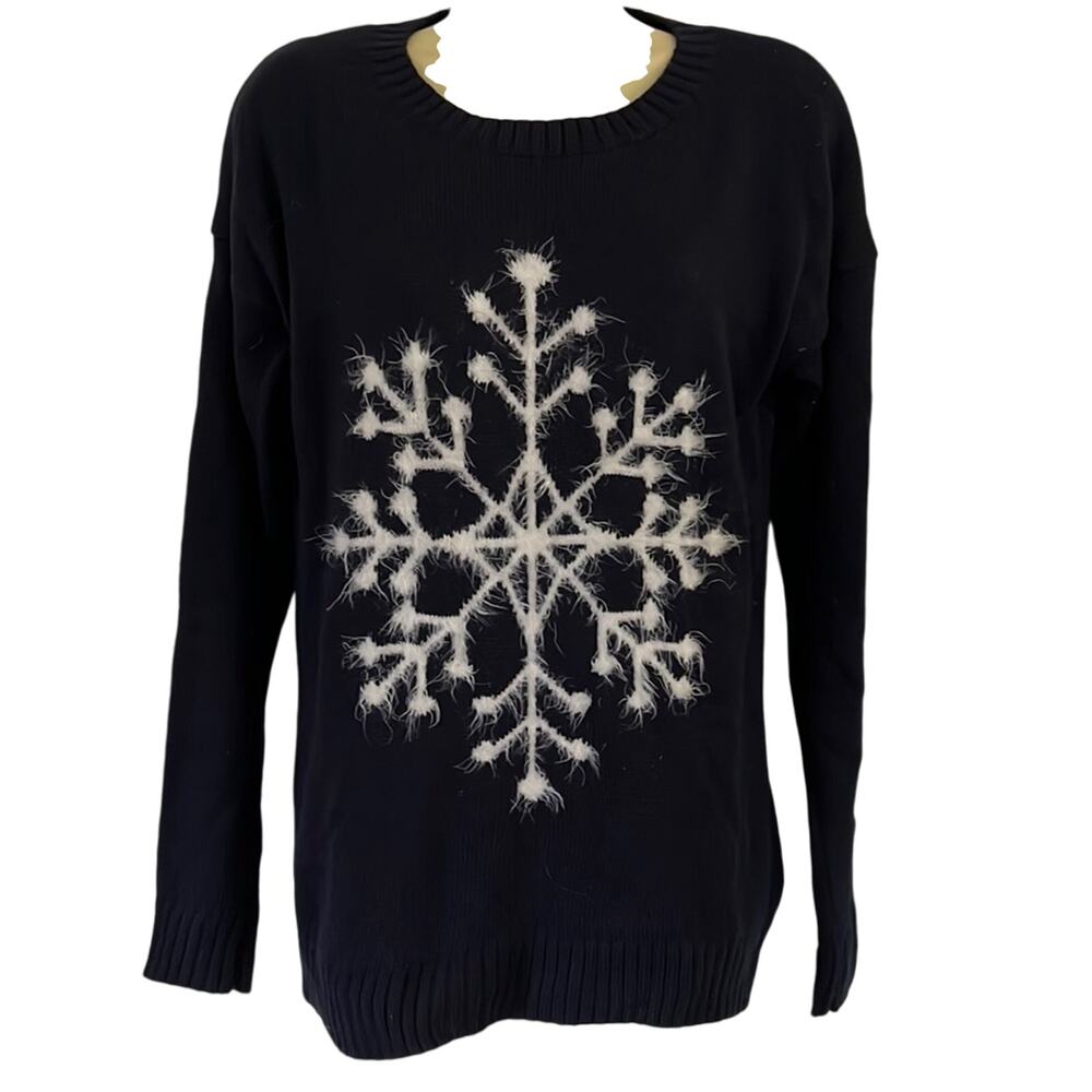Navy Blue and White Fuzzy Snowflake Sweater Woman Size Medium Slouchy